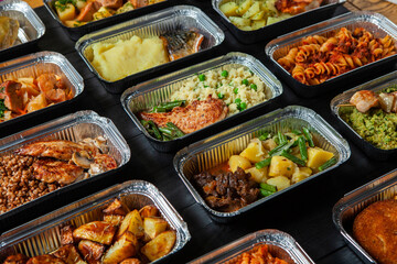Business lunch in eco plastic container ready for delivery.Top view. Office Lunch boxes with food...