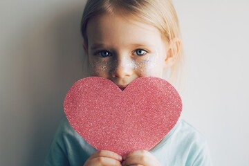 Little beautifull blonde girl with a big pink, red paper heart. Cupid day. Love concept. - 407721486