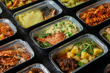 Business lunch in eco plastic container ready for delivery.Top view. Office Lunch boxes with food ready to go. Food takes away. Catering, brakfast.