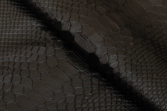 Dark brown dyed genuine natural python skin with print folded on a wooden table.