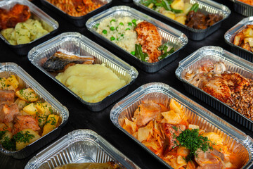 Business lunch in eco plastic container ready for delivery.Top view. Office Lunch boxes with food ready to go. Food takes away. Catering, brakfast.