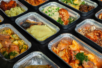 Business lunch in eco plastic container ready for delivery.Top view. Office Lunch boxes with food ready to go. Food takes away. Catering, brakfast.