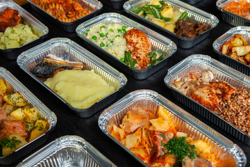 Business lunch in eco plastic container ready for delivery.Top view. Office Lunch boxes with food ready to go. Food takes away. Catering, brakfast.