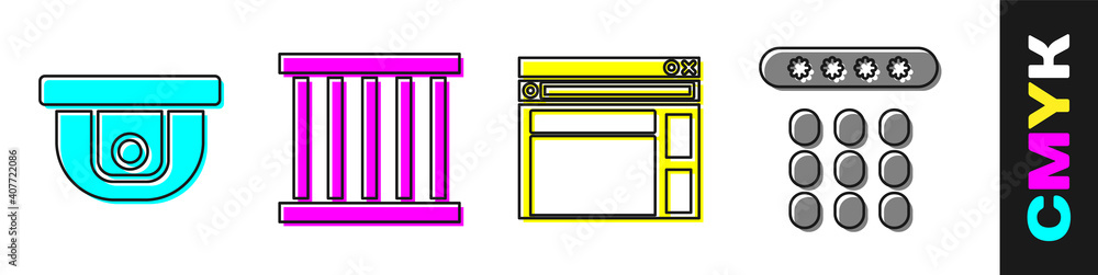 Poster set motion sensor, prison window, website template and password protection icon. vector.
