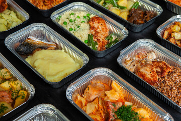 Business lunch in eco plastic container ready for delivery.Top view. Office Lunch boxes with food ready to go. Food takes away. Catering, brakfast.