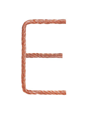 Letter E made of copper wire  isolated on white background
