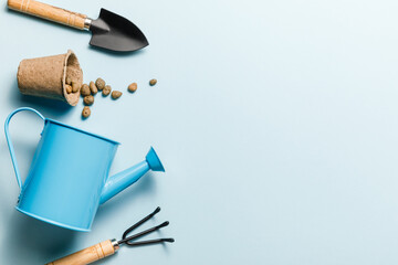 Gardening tools on blue background. Spring garden works concept. World environment day, arbor day,...