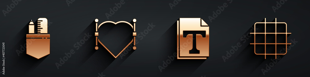Poster set crossed ruler and pencil, heart with bezier curve, text file document and grid graph paper icon 