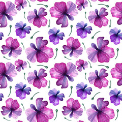 Seamless watercolor pattern with pink and purple flowers. Summer, spring illustration. Design for wrapping paper, background, wallpaper.