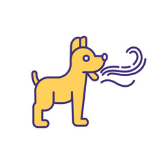 Pet bad breath RGB color icon. Pet care service. Domestic animal treatment. Dog with smelly breathing. Freshener, mouthwash for puppy. Veterinary for animals. Isolated vector illustration