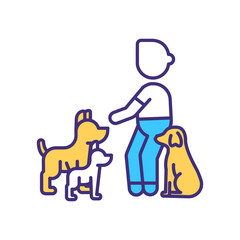 Dog trainer RGB color icon. Discipline puppy. Command from couch to doggy. Lesson for canine. Taming, behavioural training. Pet service. Domestic animal treatment. Isolated vector illustration