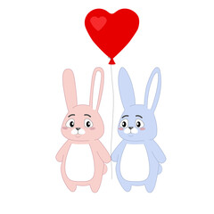 Two rabbits pink and blue on a white background. Heart shaped balloon.