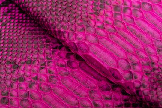 Pink dyed genuine natural python leather folded on a wooden table.	

