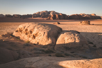 Fototapeta na wymiar red desert with rocks Wadi Rum in Jordan during the day in the hot sun