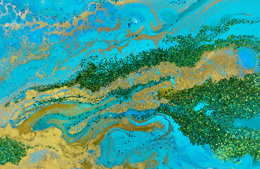 Fototapeta na wymiar Marbled blue, green and gold abstract background. Liquid marble pattern.