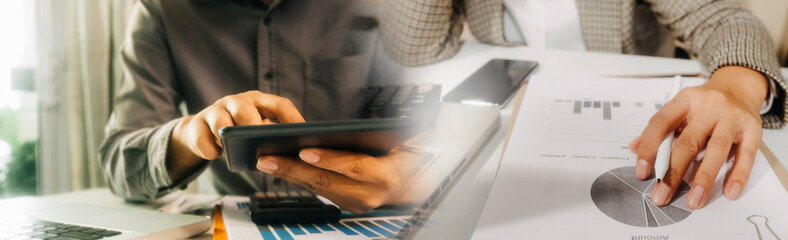 Searching Browsing Internet Data Information with blank search bar.businessman working with smart phone, tablet and laptop computer on desk in office. Networking Concept	