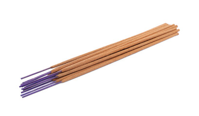 Many aromatic incense sticks on white background