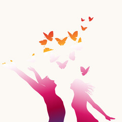 The girl and boy with swarm of butterflies