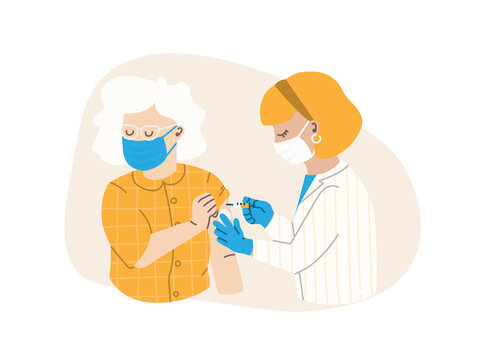 The Doctor Or Nurse Injects The Vaccine. The Patient Is An Elderly Woman. Flu Vaccination Concept, сoronavirus Vaccine. Vector Flat Illustration EPS 10.