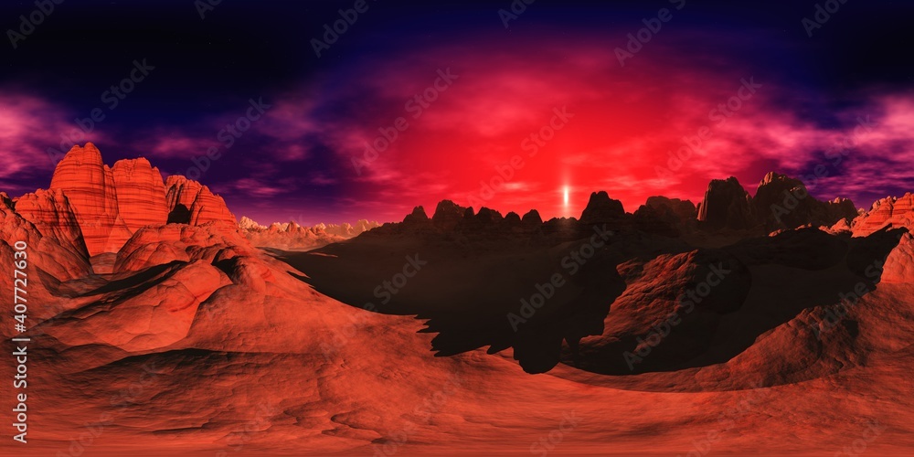 Wall mural sunset on mars. hdri . equidistant projection. spherical panorama. panorama 360. environment map, 3d