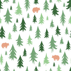 Hand-drawn forest silhouettes seamless pattern with bears.