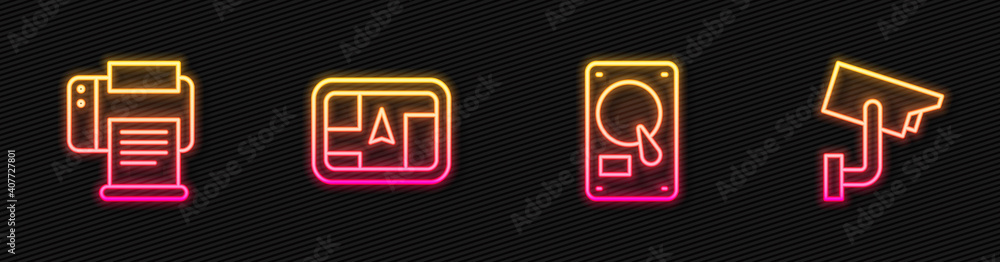 Poster set line hard disk drive hdd, printer, gps device with map and security camera. glowing neon icon. v