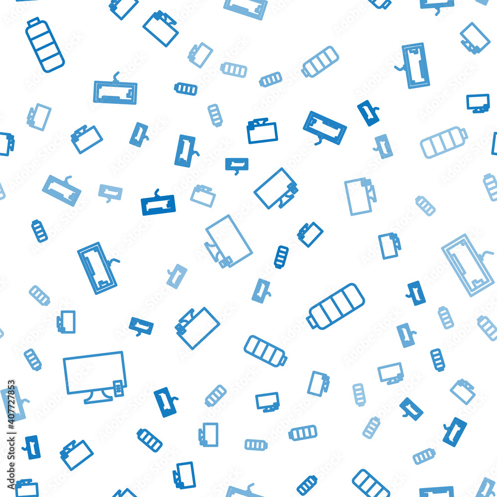 Poster set line smart tv, battery charge level indicator and keyboard on seamless pattern. vector.