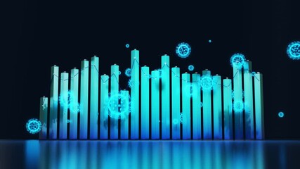 abstract graph of columns or bars around which coronaviruses like covid-19 fly. 3d infographic looping background in 4k. Numbers over columns, flowing animation. Fluctuations during pandemic - Powered by Adobe