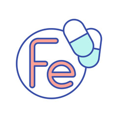 Fe vitamin RGB color icon. Multivitamin complex. Mineral in medicament. Pill, pharmaceutical treatment. Diet supplement for healthy eating. Dietary and nutritionology. Isolated vector illustration
