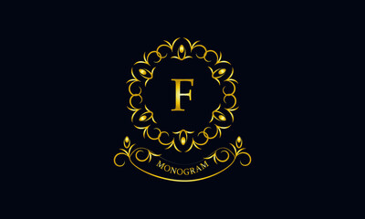 Stylish decorative monogram with a possible inscription and the letter F. Exclusive gold logo on a dark background for a cafe, a symbol of business, restaurant, hotel, invitations, menus, labels, fash