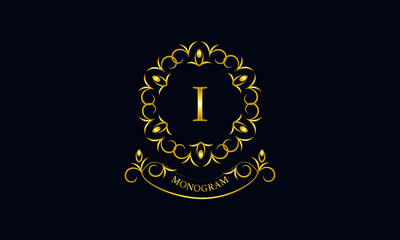 Stylish decorative monogram with a possible inscription and the letter I. Exclusive gold logo on a dark background for a cafe, a symbol of business, restaurant, hotel, invitations, menus, labels, fash
