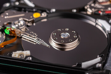 close up of an open hard disk drive