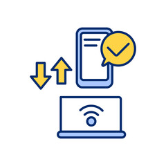 Cross device sync RGB color icon. Data transfer between mobile phone and laptop. Database system synchronization. Send files with wifi. Wireless connection for computer. Isolated vector illustration