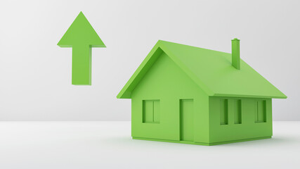 3D render visualization with house for real estate offer, growth theme abstract background, with green arrow, increase idea, contrast, mockup, advertising product, shades, for sale, perspective view
