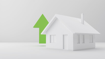 3D render visualization with house model for real estate, growth theme abstract background, with green arrow, growing prices of houses idea