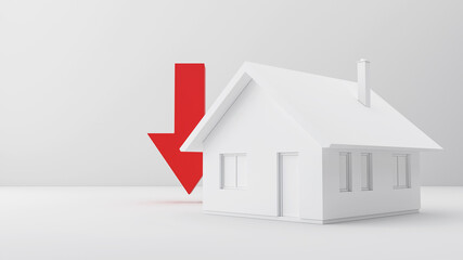 Visualization 3D render with house for real estate offer, clay color, decline theme abstract background, with red arrow, decrease idea , mockup advertising product, shades, for sale, perspective view
