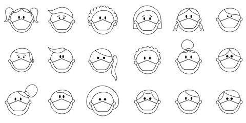 Set of people faces with medical face masks.