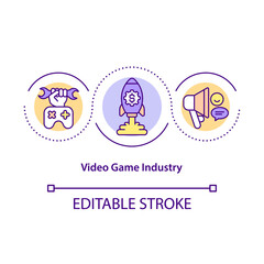Video game industry concept icon. Videogames development and marketing idea thin line illustration. Global console games market. Vector isolated outline RGB color drawing. Editable stroke
