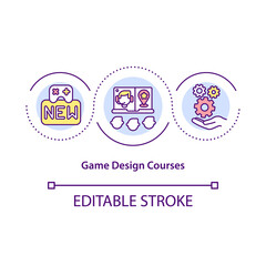 Game design courses concept icon. Game development and programming classes idea thin line illustration. Training in videogames creation. Vector isolated outline RGB color drawing. Editable stroke