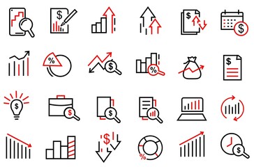 Set of Financial Analytics icon vector. contains such icon us economy, provit, financial, business, infographic and more, modern and trendy icons design. editable stroke