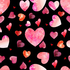 Seamless pattern with watercolor hand painted hearts isolated on black background. For Valentines day products, wrapping paper, tissue, textile, masks 