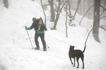 senderista montañero con bastones y raquetas en la nieve y perro negro país vasco 4M0A7163-as21