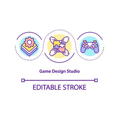 Game design studio concept icon. Creating incredible game experiences idea thin line illustration. Videogames development and marketing. Vector isolated outline RGB color drawing. Editable stroke