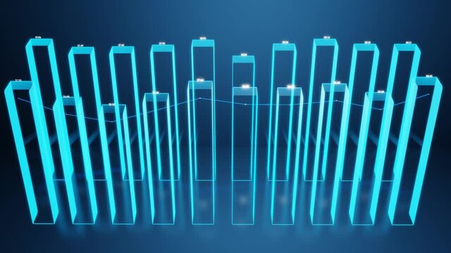 Hologram,beautiful bg with abstract infographics. Holographic bars, counters and graph. 3d columns smoothly move up and down in loop. Financial background of columns and graph for analytical programs.