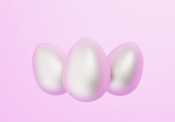 Three white easter eggs on light pink background, 3d illustration