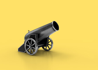 Ancient cannon. 3d Illustration of vintage cannon on a yellow background. Medieval weapons for your design