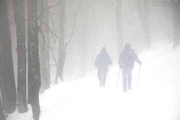senderistas montañeros con bastones en la nieve niebla país vasco 4M0A7276-as21