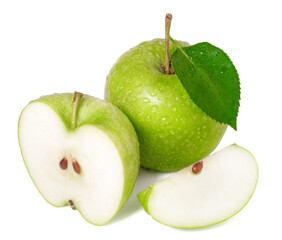 Ripe juicy green apples in water drops isolated on a white background