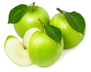 Ripe juicy green apples in water drops isolated on a white background