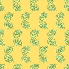 Lemon and lime slices seamless pattern in doodle style. Black and white exotic fruits. Hand drawn tropisian fruits vector illustration on yellow background with green lines